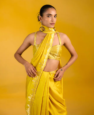 Ekaya Pineapple Breeze Mustard Sari available on indiaspopup