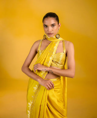 Ekaya Pineapple Breeze Mustard Sari available on indiaspopup