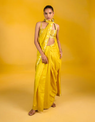 Ekaya Pineapple Breeze Mustard Sari available on indiaspopup