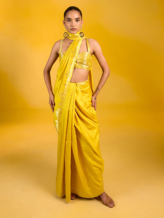 Ekaya Pineapple Breeze Mustard Sari available on indiaspopup