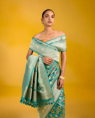 Ekaya Blueberry Sky Green Sari available on indiaspopup