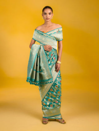 Ekaya Blueberry Sky Green Sari available on indiaspopup