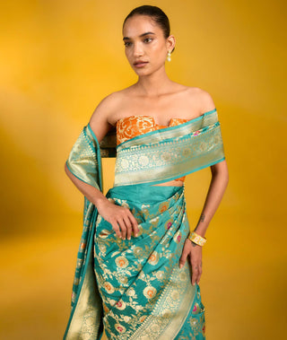 Ekaya Blueberry Sky Green Sari available on indiaspopup