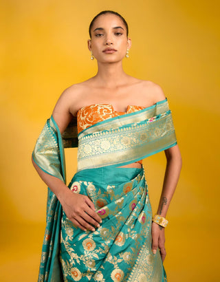 Ekaya Blueberry Sky Green Sari available on indiaspopup