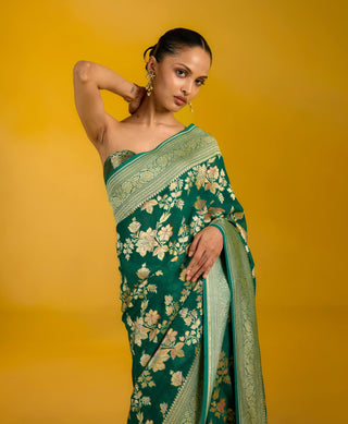 Ekaya Frosted Fern Bottle Green Sari available on indiaspopup