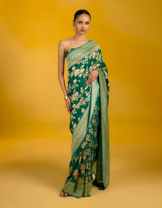 Ekaya Frosted Fern Bottle Green Sari available on indiaspopup