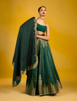 Ekaya Jade Green Satin Lehenga available on indiaspopup