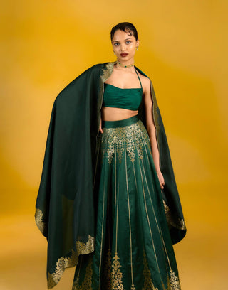 Ekaya Jade Green Satin Lehenga available on indiaspopup