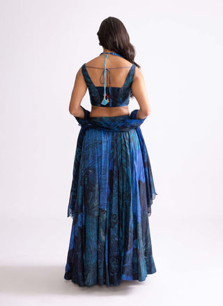 Blue Wave Printed Lehenga Set by Saaksha & Kinni, available on Indiaspopup.com