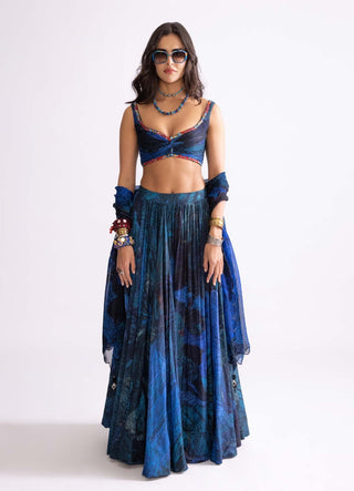 Blue Wave Printed Lehenga Set by Saaksha & Kinni, available on Indiaspopup.com