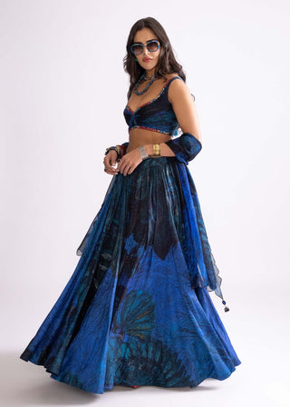 Blue Wave Printed Lehenga Set by Saaksha & Kinni, available on Indiaspopup.com