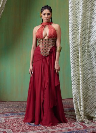 Tara embroidered halter corset top with draped skirt