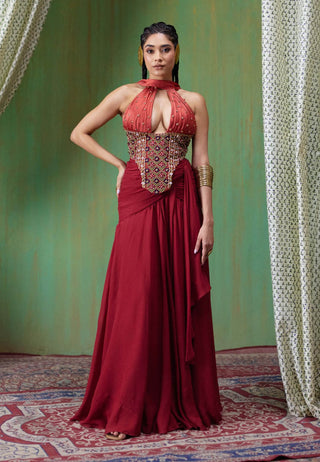 Tara embroidered halter corset top with draped skirt