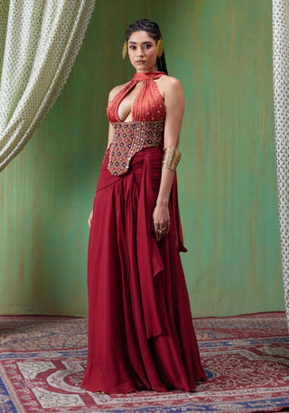 Tara embroidered halter corset top with draped skirt