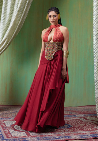 Tara embroidered halter corset top with draped skirt