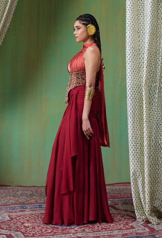 Tara embroidered halter corset top with draped skirt
