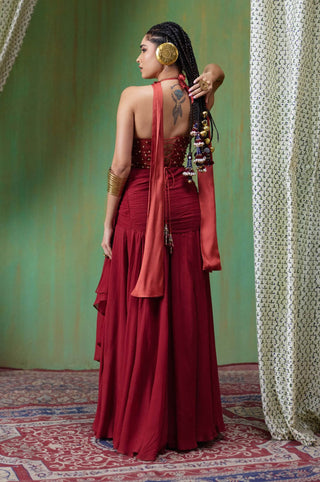 Tara embroidered halter corset top with draped skirt