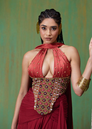 Tara embroidered halter corset top with draped skirt