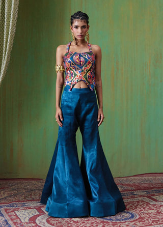 Juhi embroidered halter top with flared gaji silk pants