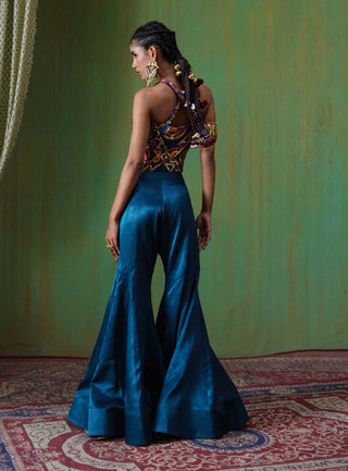 Juhi embroidered halter top with flared gaji silk pants