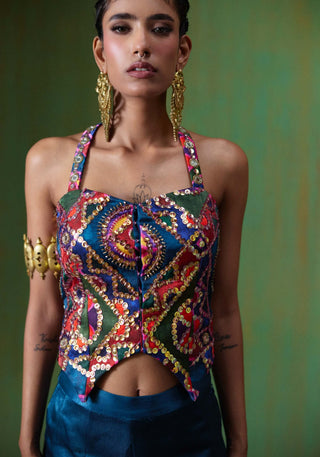 Juhi embroidered halter top with flared gaji silk pants