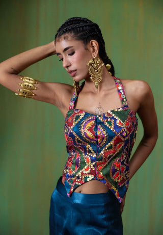 Juhi embroidered halter top with flared gaji silk pants