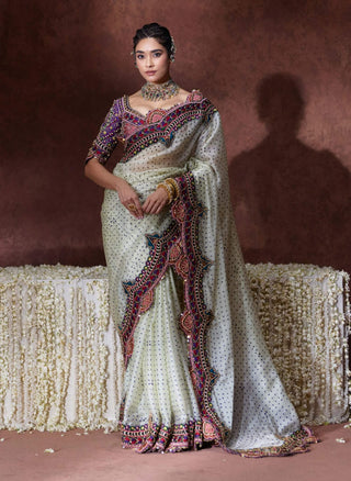 Bindya embroidered ivory sari with statement blouse