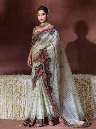 Bindya embroidered ivory sari with statement blouse