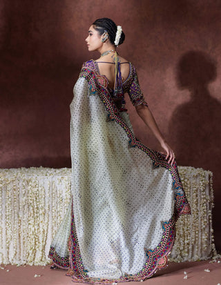 Bindya embroidered ivory sari with statement blouse