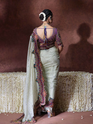 Bindya embroidered ivory sari with statement blouse