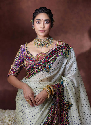 Bindya embroidered ivory sari with statement blouse