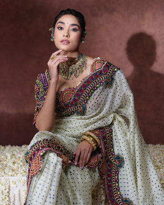 Bindya embroidered ivory sari with statement blouse