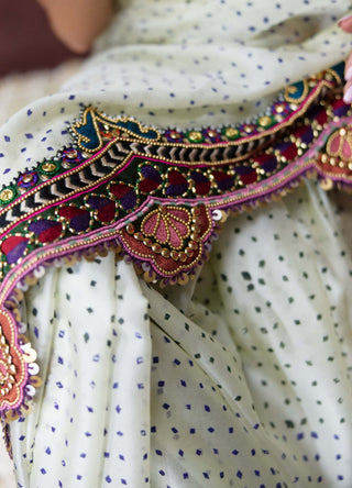 Bindya embroidered ivory sari with statement blouse