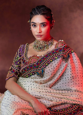 Bindya embroidered ivory sari with statement blouse