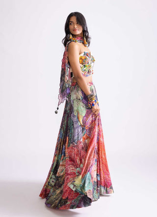 Multicolor Daisy Printed Lehenga Set by Saaksha & Kinni, available on Indiaspopup.com