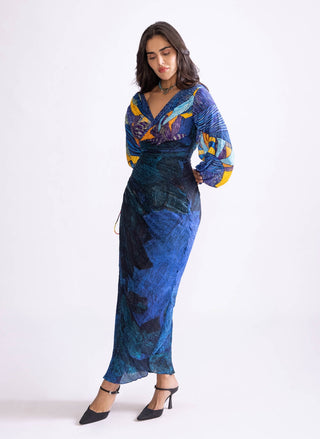 Eloise Blue Micro Pleat Dress by Saaksha & Kinni, available on Indiaspopup.com