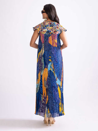 Blue Printed Cape, Bustier And Skirt by Saaksha & Kinni, available on Indiaspopup.com