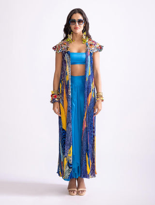 Blue Printed Cape, Bustier And Skirt by Saaksha & Kinni, available on Indiaspopup.com