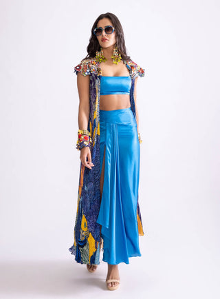 Blue Printed Cape, Bustier And Skirt by Saaksha & Kinni, available on Indiaspopup.com