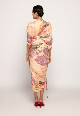 Saaksha & Kinni-Peach Printed Pleated Sari Dress-INDIASPOPUP.COM