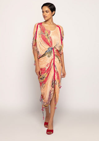 Saaksha & Kinni-Peach Printed Pleated Sari Dress-INDIASPOPUP.COM