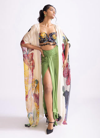 Daisy Printed Cape, Bustier And Skirt by Saaksha & Kinni, available on Indiaspopup.com