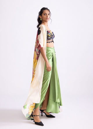 Daisy Printed Cape, Bustier And Skirt by Saaksha & Kinni, available on Indiaspopup.com