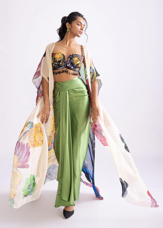 Daisy Printed Cape, Bustier And Skirt by Saaksha & Kinni, available on Indiaspopup.com