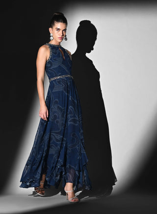 Indigo swirl print dress