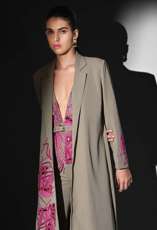 Beige fuschia embroidery jumpsuit and trench