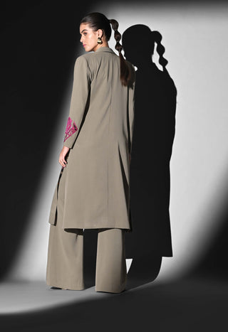 Beige fuschia embroidery jumpsuit and trench