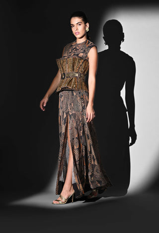 Brown geometric print bodysuit and skirt