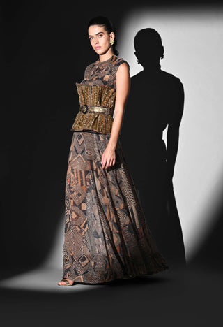 Brown geometric print bodysuit and skirt