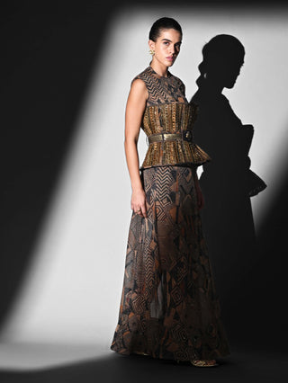 Brown geometric print bodysuit and skirt